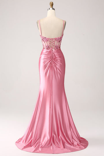 Pink Mermaid Spaghetti Straps Sequin Corset Ball Dress with Slit